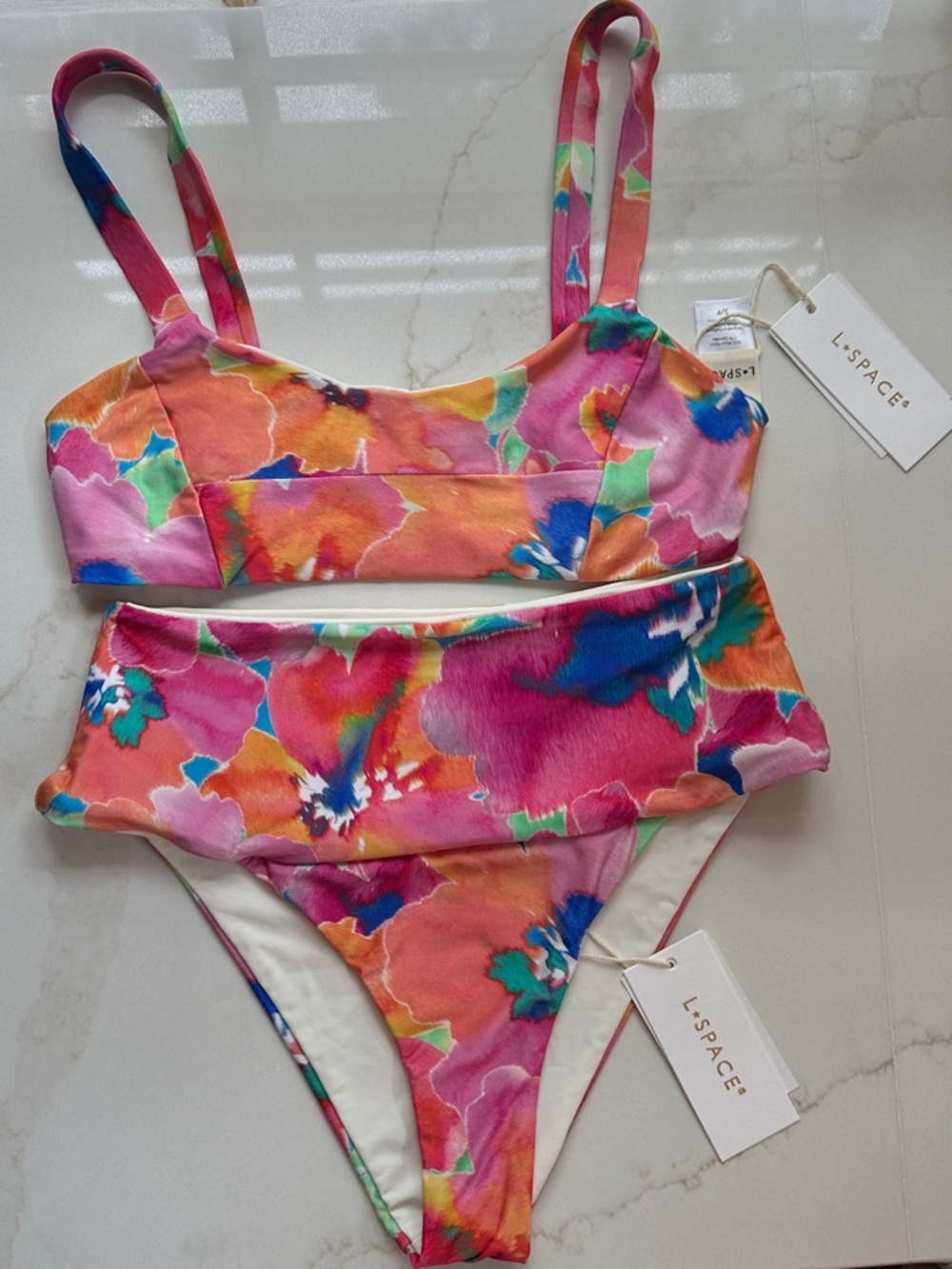 l*space Two-Piece Bikini - Pink, Orange, Blue - “flower play” pattern